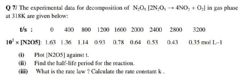 Q 7/ The experimental data for decomposition of N2Os [2N,O, 4NO, + O2] in gas phase
at 318K are given below:
t/s :
400
800 1200 1600 2000 2400 2800
3200
10° x [N205]: 1.63 1.36 1.14 0.93 0.78 0.64 0.53
0.43
0.35 mol L-1
Plot (N2O5] against t.
(ii) Find the half-life period for the reaction.
(i)
(iii)
What is the rate law ? Calculate the rate constant k.
