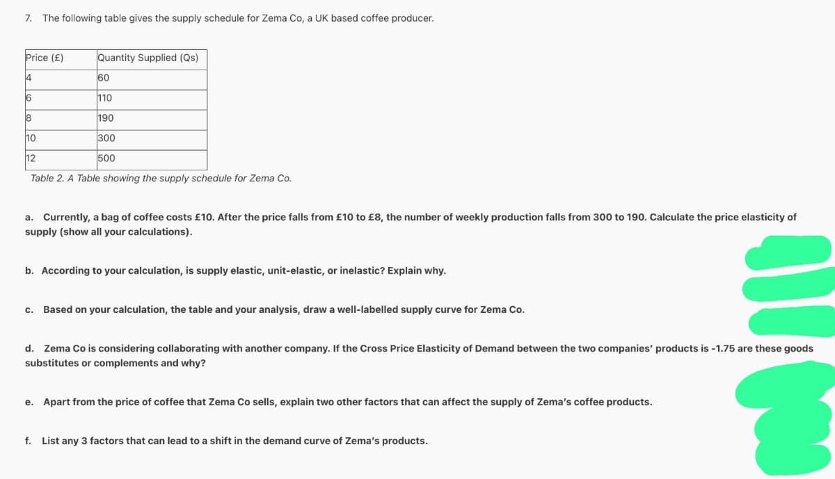 7. The following table gives the supply schedule for Zema Co, a UK based coffee producer.
Price (£)
4
16
18
10
12
Quantity Supplied (Qs)
60
110
190
300
500
Table 2. A Table showing the supply schedule for Zema Co.
a. Currently, a bag of coffee costs £10. After the price falls from £10 to £8, the number of weekly production falls from 300 to 190. Calculate the price elasticity of
supply (show all your calculations).
b. According to your calculation, is supply elastic, unit-elastic, or inelastic? Explain why.
C. Based on your calculation, the table and your analysis, draw a well-labelled supply curve for Zema Co.
d. Zema Co is considering collaborating with another company. If the Cross Price Elasticity of Demand between the two companies' products is -1.75 are these goods
substitutes or complements and why?
e. Apart from the price of coffee that Zema Co sells, explain two other factors that can affect the supply of Zema's coffee products.
f. List any 3 factors that can lead to a shift in the demand curve of Zema's products.