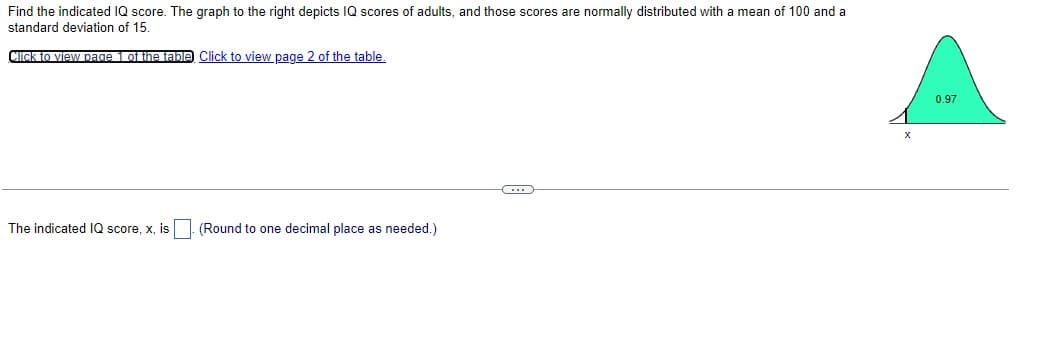 Find the indicated IQ score. The graph to the right depicts IQ scores of adults, and those scores are normally distributed with a mean of 100 and a
standard deviation of 15.
Click to view page 1 of the table Click to view page 2 of the table.
The indicated IQ score, x, is (Round to one decimal place as needed.)
G
0.97