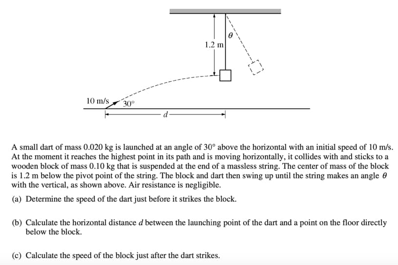 1.2 m
10 m/s
30°
A small dart of mass 0.020 kg is launched at an angle of 30° above the horizontal with an initial speed of 10 m/s.
At the moment it reaches the highest point in its path and is moving horizontally, it collides with and sticks to a
wooden block of mass 0.10 kg that is suspended at the end of a massless string. The center of mass of the block
is 1.2 m below the pivot point of the string. The block and dart then swing up until the string makes an angle 0
with the vertical, as shown above. Air resistance is negligible.
(a) Determine the speed of the dart just before it strikes the block.
(b) Calculate the horizontal distance d between the launching point of the dart and a point on the floor directly
below the block.
(c) Calculate the speed of the block just after the dart strikes.
