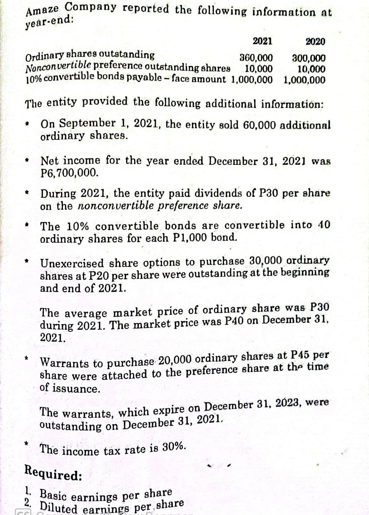 The income tax rate is 30%.
2. Diluted earnings per, share
1. Basic earnings per share
Amaze Company reported the following information at
yeár-end:
2021
2020
Ordinary shares outstanding
Nonconvertible preference outstanding shares
10% convertible bonds payable - face amount 1,000,000 1,000,000
360,000
10,000
300,000
10,000
The entity provided the following additional information:
On September 1, 2021, the entity sold 60,000 additional
ordinary shares.
Net income for the year ended December 31, 2021 was
P6,700,000.
During 2021, the entity paid dividends of P30 per share
on the nonconvertible preference share.
The 10% convertible bonds are convertible into 40
ordinary shares for each P1,000 bond.
Unexercised share options to purchase 30,000 ordinary
shares at P20 per share were outstanding at the beginning
and end of 2021.
The average market price of ordinary share was P30
during 2021. The market price was P40 on December 31,
2021.
Warrants to purchase 20,000 ordinary shares at P45 per
share were attached to the preference share at the time
of issuance.
*
The warrants, which expire on December 31, 2023, were
outstanding on December 31, 2021.
*
Required:
