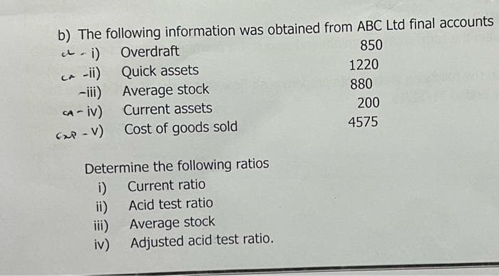 b) The following information was obtained from ABC Ltd final accounts
850
(1 - سال
C-ii)
-iii)
CA-IV)
(XP-V)
Overdraft
Quick assets
Average stock
Current assets
Cost of goods sold
Determine the following ratios
Current ratio
Acid test ratio
Average stock
Adjusted acid test ratio.
i)
ii)
iii)
iv)
1220
880
200
4575