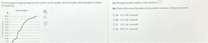 Use the ogive to approximate (a) the number in the sample, (b) the location of the greatest increase
in frequency
Cunue heen
50-
45
40-
BARRES
30-
25
20
154
10-
1
Mae Deagles
Q
Q
C
(a) The approxmate number in the sample is
(b) Choose the correct location of the greatest increase in frequency below
OA 27.5 28.5 pounds
OB 235-245 pounds
OC 315 345 pounds
OD 205-215 pounds