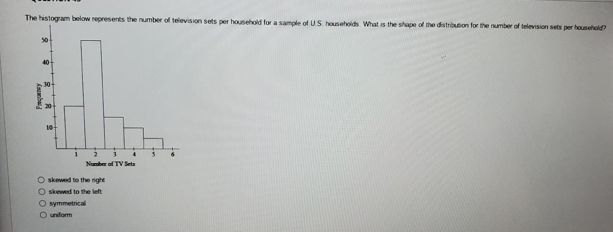 The histogram below represents the number of television sets per household for a sample of US. households. What is the shape of the distribution for the number of television sets per household?
50-
40
30-
20
10-
1
2.
4
6
Number of TV Sets
O skewed to the right
O skewed to the left
O symmetrical
O uniform
Frequency

