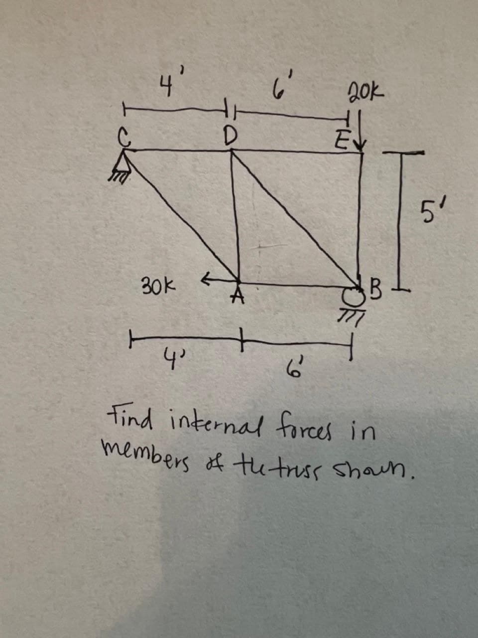 20k
D.
EN
5'
30k
B.
find internal forces in
members of te truss Shoun.
