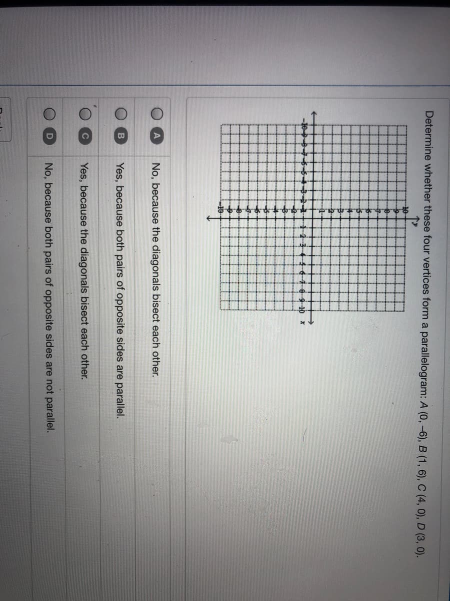 Determine whether these four vertices form a parallelogram: A (0, -6), B (1, 6), C (4, 0), D (3, 0).
10
g-10 X
No, because the diagonals bisect each other.
Yes, because both pairs of opposite sides are parallel.
Yes, because the diagonals bisect each other.
No, because both pairs of opposite sides are not parallel.
