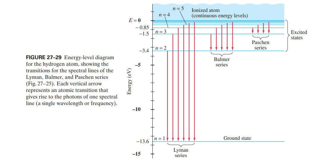 n = 5
Ionized atom
n = 4
(continuous energy levels)
E = 0
- 0.85
n= 3
Excited
-1.5
states
Paschen
series
-3.4 Tn=2
FIGURE 27-29 Energy-level diagram
for the hydrogen atom, showing the
transitions for the spectral lines of the
Lyman, Balmer, and Paschen series
(Fig. 27-25). Each vertical arrow
represents an atomic transition that
gives rise to the photons of one spectral
line (a single wavelength or frequency).
Balmer
-5
series
-10
n = 1
Ground state
-13.6
Lyman
series
-15
Energy (eV)
