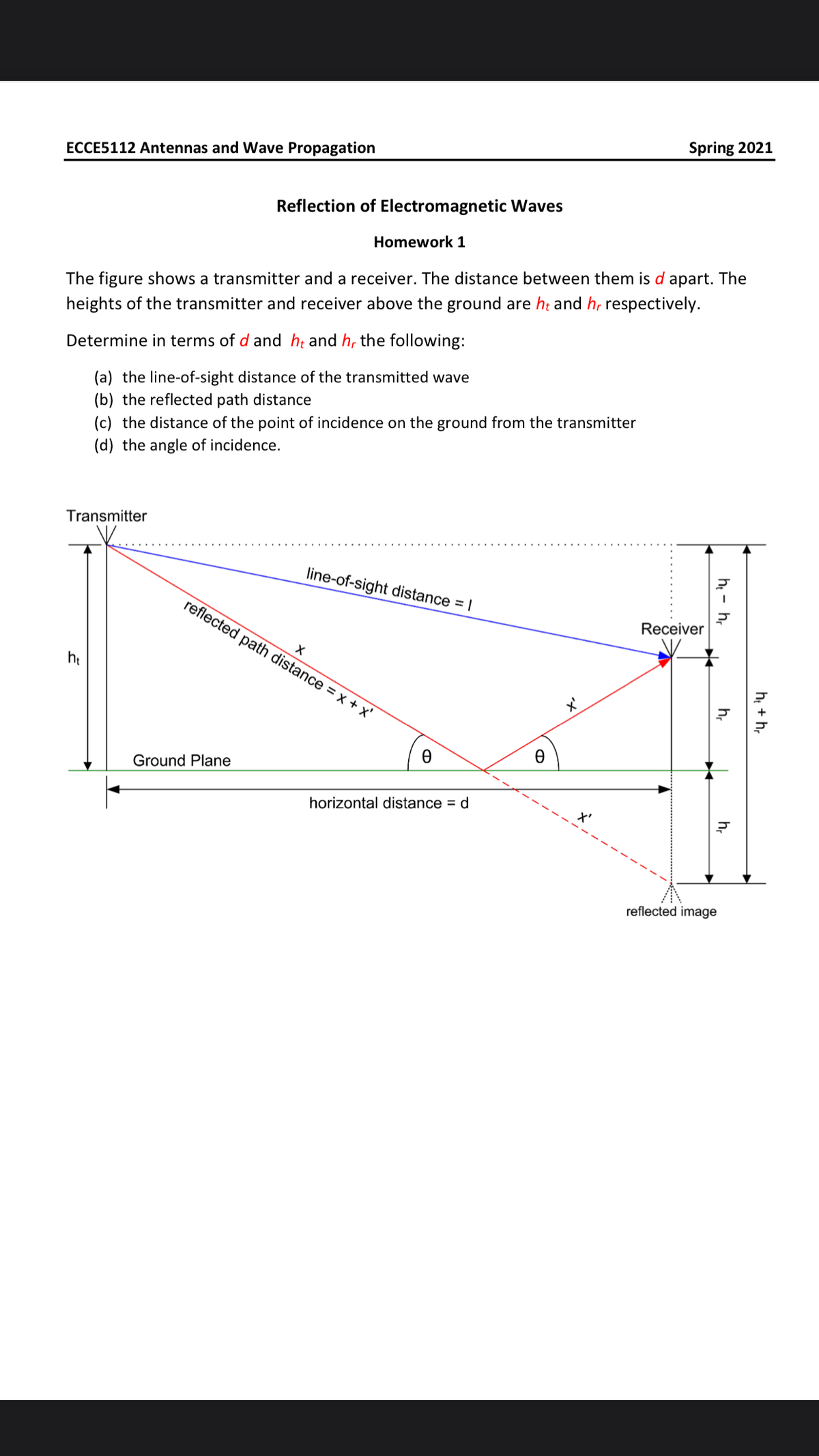 Spring 2021
ECCE5112 Antennas and Wave Propagation
Reflection of Electromagnetic Waves
Homework 1
The figure shows a transmitter and a receiver. The distance between them is d apart. The
heights of the transmitter and receiver above the ground are ht and h, respectively
Determine in terms of d and h; and h, the following:
(a) the line-of-sight distance of the transmitted wave
(b) the reflected path distance
(c) the distance of the point of incidence on the ground from the transmitter
(d) the angle of incidence.
Transmitter
line-of-sight distance = |
reflected path distance = x + x'
Receiver
ht
X'
Ground Plane
horizontal distance = d
reflected image
h + h,
h - h,
h,
h,
