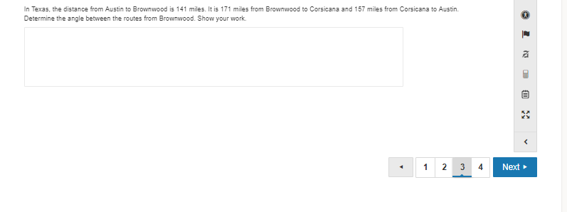 **Mathematics Problem: Determining the Angle Between Routes**

*Context: Road Distances in Texas*

Given:
- The distance from Austin to Brownwood is 141 miles.
- The distance from Brownwood to Corsicana is 171 miles.
- The distance from Corsicana to Austin is 157 miles.

Objective:
Determine the angle between the routes from Brownwood using the given distances. Show your work.

---

**Detailed Explanation:**

To find the angle between the routes from Brownwood, we can use the Law of Cosines. The Law of Cosines relates the lengths of the sides of a triangle to the cosine of one of its angles. 

The formula for the Law of Cosines is:

c² = a² + b² - 2ab * cos(C)

Where:
- a = 141 miles (distance from Austin to Brownwood)
- b = 171 miles (distance from Brownwood to Corsicana)
- c = 157 miles (distance from Corsicana to Austin)
- C is the angle at Brownwood that we need to determine.

Using the formula:

157² = 141² + 171² - 2 * 141 * 171 * cos(C)

Calculate each part:
- 157² = 24649
- 141² = 19881
- 171² = 29241

So, 
24649 = 19881 + 29241 - 2 * 141 * 171 * cos(C)

Combine and simplify:
24649 = 49122 - 2 * 141 * 171 * cos(C)

24649 - 49122 = - 2 * 141 * 171 * cos(C)

-24473 = - 2 * 141 * 171 * cos(C)

Divide by (-2 * 141 * 171):
24473 / (2 * 141 * 171) = cos(C)

24473 / 48162 ≈ cos(C)

0.508 ≈ cos(C)

Now, take the arccos (inverse cosine) of both sides to find C:
C = arccos(0.508)
C ≈ 59.4 degrees

Therefore, the angle between the routes from Brownwood is approximately 59.4 degrees.