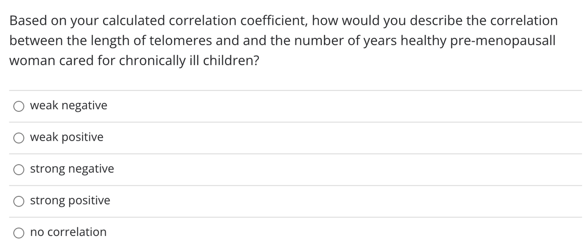 Based on your calculated correlation coefficient, how would you describe the correlation
between the length of telomeres and and the number of years healthy pre-menopausall
woman cared for chronically ill children?
weak negative
weak positive
strong negative
strong positive
no correlation
