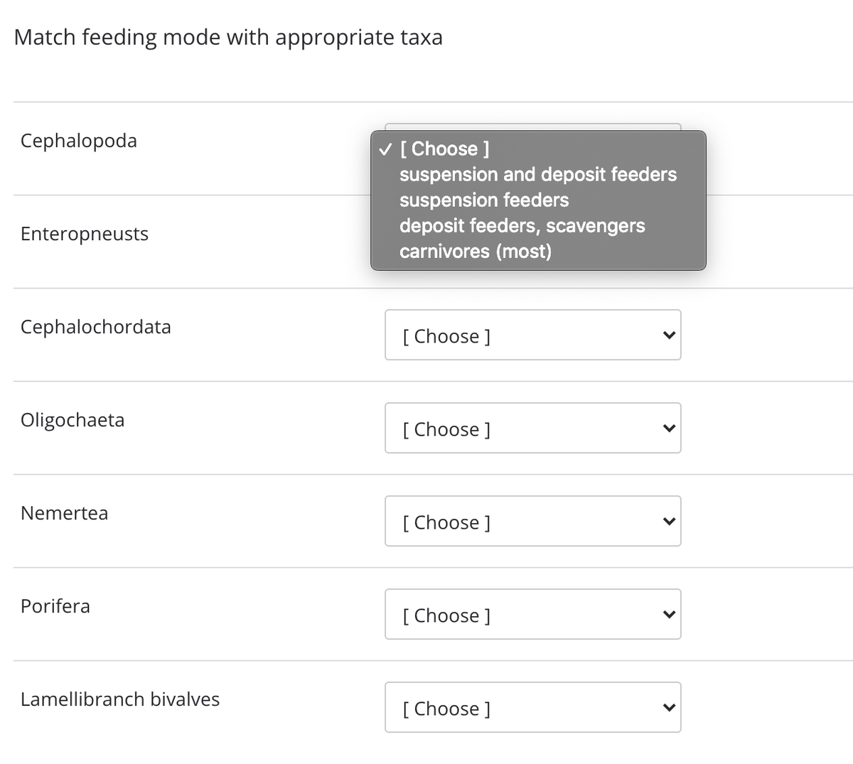 Match feeding mode with appropriate taxa
Cephalopoda
V [ Choose ]
suspension and deposit feeders
suspension feeders
deposit feeders, scavengers
carnivores (most)
Enteropneusts
Cephalochordata
[ Choose ]
Oligochaeta
[ Choose ]
Nemertea
[ Choose ]
Porifera
[ Choose ]
Lamellibranch bivalves
[ Choose ]
>
>
>
>
>
