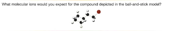 What molecular ions would you expect for the compound depicted in the ball-and-stick model?
