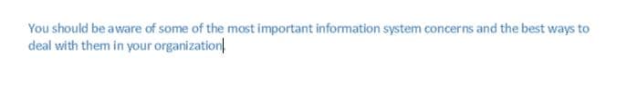 You should be aware of some of the most important information system concerns and the best ways to
deal with them in your organization
