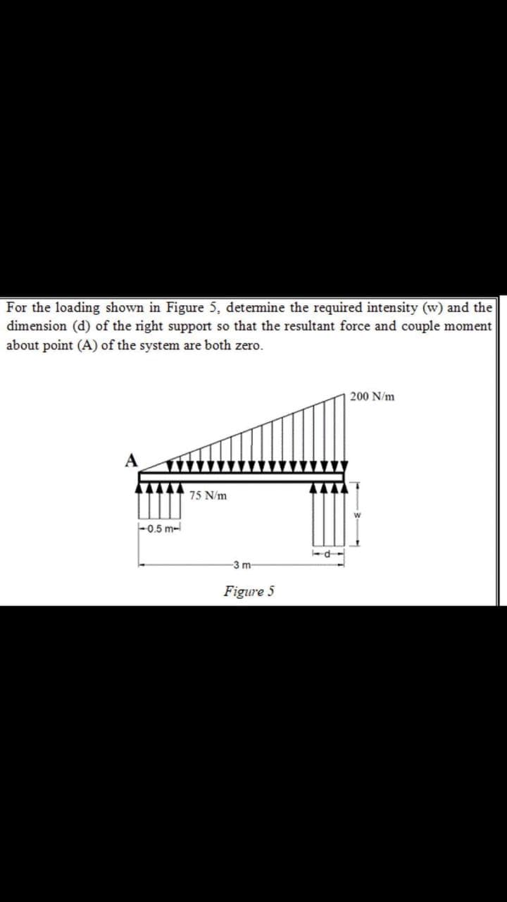 For the loading shown in Figure 5, detemine the required intensity (w) and the
dimension (d) of the right support so that the resultant force and couple moment
about point (A) of the system are both zero.
200 N/m
75 N/m
-0.5 m-
-3 m
Figure 5
