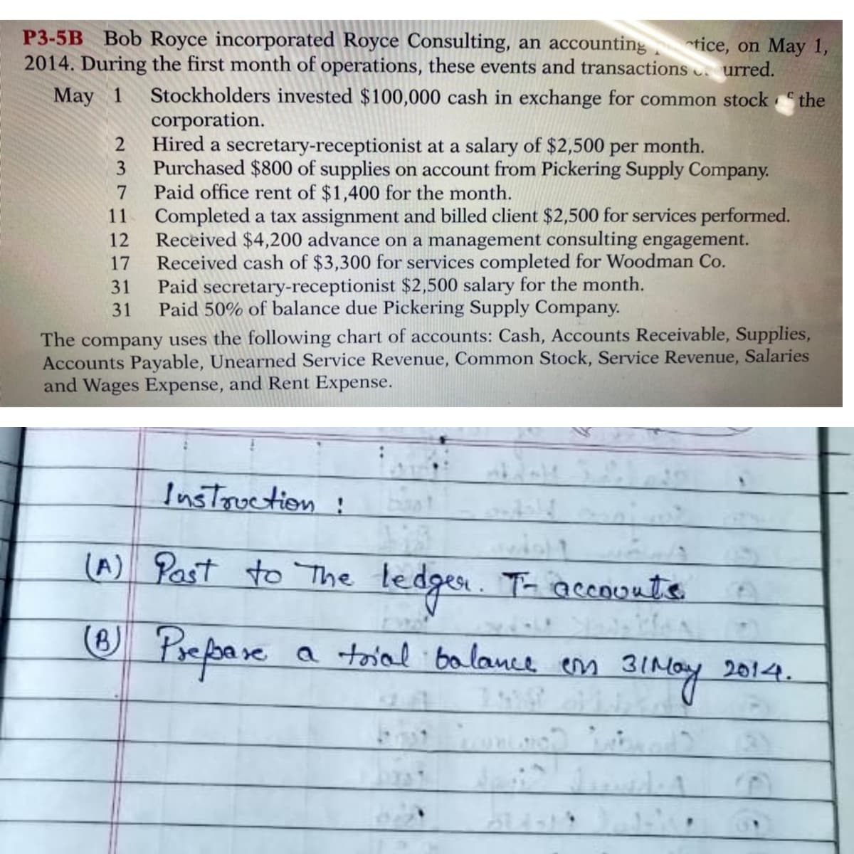 P3-5B Bob Royce incorporated Royce Consulting, an accounting tice, on May 1,
2014. During the first month of operations, these events and transactions urred.
Stockholders invested $100,000 cash in exchange for common stock
corporation.
Hired a secretary-receptionist at a salary of $2,500 per month.
May 1
the
2
3.
Purchased $800 of supplies on account from Pickering Supply Company.
Paid office rent of $1,400 for the month.
Completed a tax assignment and billed client $2,500 for services performed.
Received $4,200 advance on a management consulting engagement.
Received cash of $3,300 for services completed for Woodman Co.
Paid secretary-receptionist $2,500 salary for the month.
7
11
12
17
31
31
Paid 50% of balance due Pickering Supply Company.
The company uses the following chart of accounts: Cash, Accounts Receivable, Supplies,
Accounts Payable, Unearned Service Revenue, Common Stock, Service Revenue, Salaries
and Wages Expense, and Rent Expense.
Instouction:
(A) Past to The
ledgen. T- accouuts
(8)
☺ Prepare
a toial balance en
2014.
