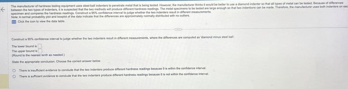 The manufacturer of hardness testing equipment uses steel-ball indenters to penetrate metal that is being tested. However, the manufacturer thinks it would be better to use a diamond indenter so that all types of metal can be tested. Because of differences
between the two types of indenters, it is suspected that the two methods will produce different hardness readings. The metal specimens to be tested are large enough so that two indentions can be made. Therefore, the manufacturer uses both indenters on eac
specimen and compares the hardness readings. Construct a 95% confidence interval to judge whether the two indenters result in different measurements.
Note: A normal probability plot and boxplot of the data indicate that the differences are approximately normally distributed with no outliers.
Click the icon to view the data table.
Construct a 95% confidence interval to judge whether the two indenters result in different measurements, where the differences are computed as 'diamond minus steel ball.
The lower bound is
The upper bound is
(Round to the nearest tenth as needed.)
State the appropriate conclusion. Choose the correct answer below.
O There is insufficient evidence to conclude that the two indenters produce different hardness readings because 0 is within the confidence interval.
O There is sufficient evidence to conclude that the two indenters produce different hardness readings because 0 is not within the confidence interval.