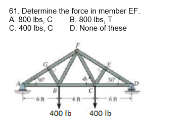 61. Determine the force in member EF.
A. 800 Ibs, C
C. 400 Ibs, C
B. 800 Ibs, T
D. None of these
30
6 ft
6 ft
6ft
400 Ib
400 Ib
