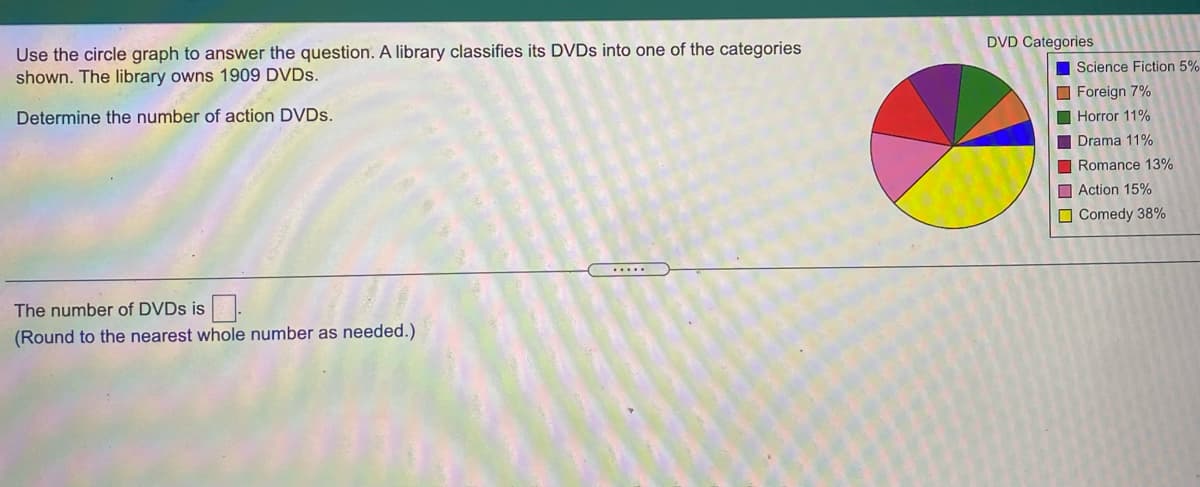 DVD Categories
Use the circle graph to answer the question. A library classifies its DVDs into one of the categories
shown. The library owns 1909 DVDS.
Science Fiction 5%-
O Foreign 7%
I Horror 11%
Determine the number of action DVDS.
Drama 11%
Romance 13%
O Action 15%
O Comedy 38%
.....
The number of DVDS is.
(Round to the nearest whole number as needed.)
