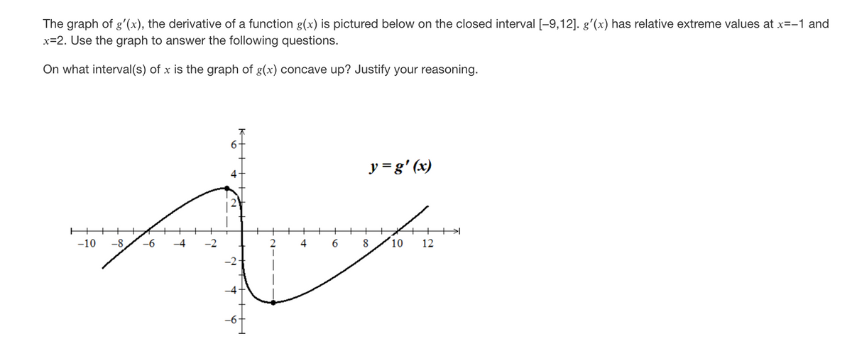 The graph of gʻ(x), the derivative of a function g(x) is pictured below on the closed interval [-9,12]. gʻ(x) has relative extreme values at x=-1 and
x=2. Use the graph to answer the following questions.
On what interval(s) of x is the graph of g(x) concave up? Justify your reasoning.
6.
y = g' (x)
+
-10
-8
-6
-4
4
8.
10
12
-6-
++H
4-
