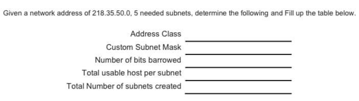 Given a network address of 218.35.50.0, 5 needed subnets, determine the following and Fill up the table below.
Address Class
Custom Subnet Mask
Number of bits barrowed
Total usable host per subnet
Total Number of subnets created