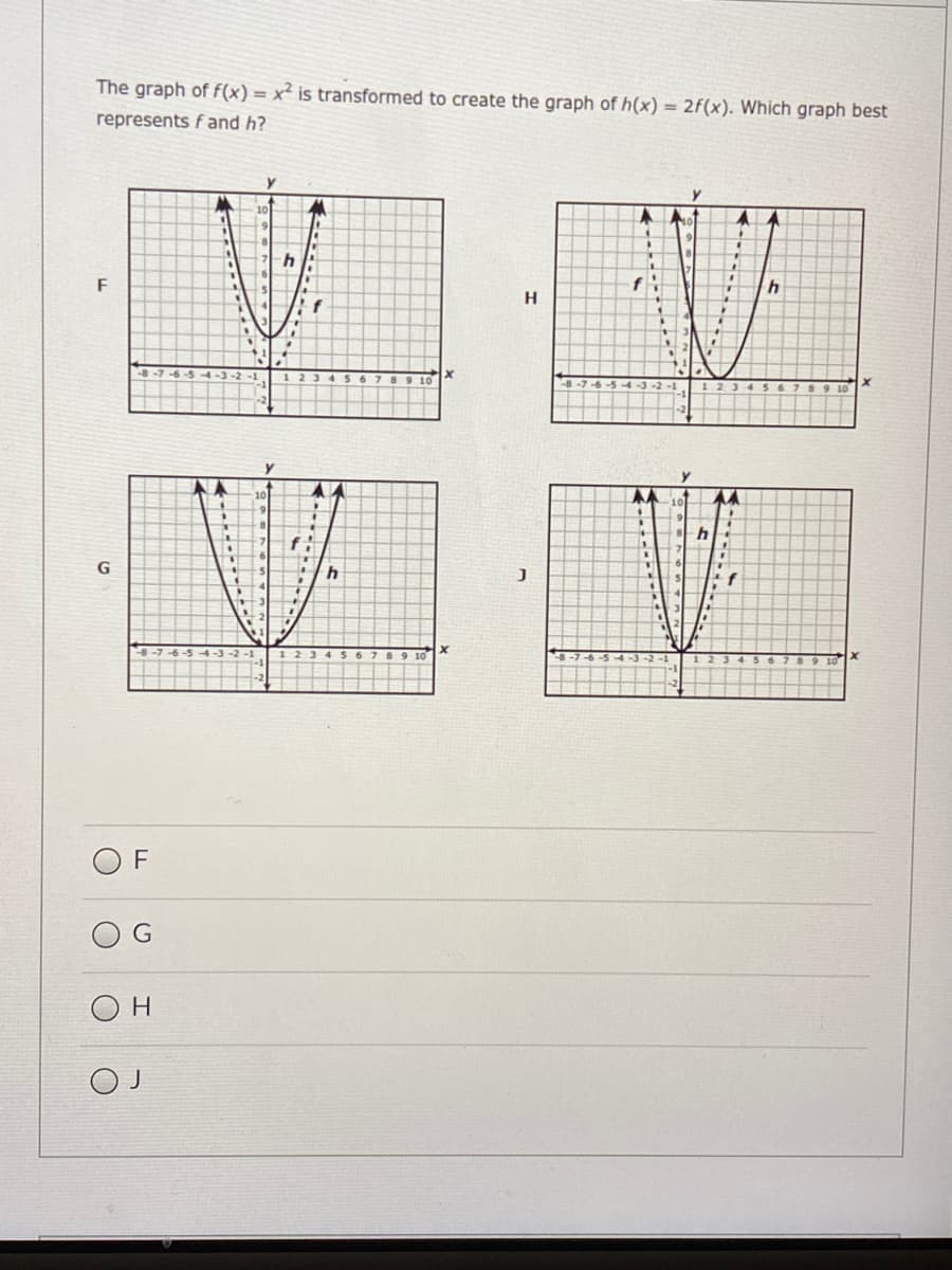 The graph of f(x) = x² is transformed to create the graph of h(x) = 2f(x). Which graph best
represents f and h?
h
F
f
G
f
F
H.
------.
