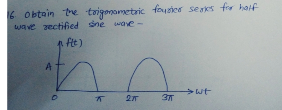 6 obtain the toigonometoic fouieo serjes fer half
wave rectified sine ware-
1 ft)
A
37
