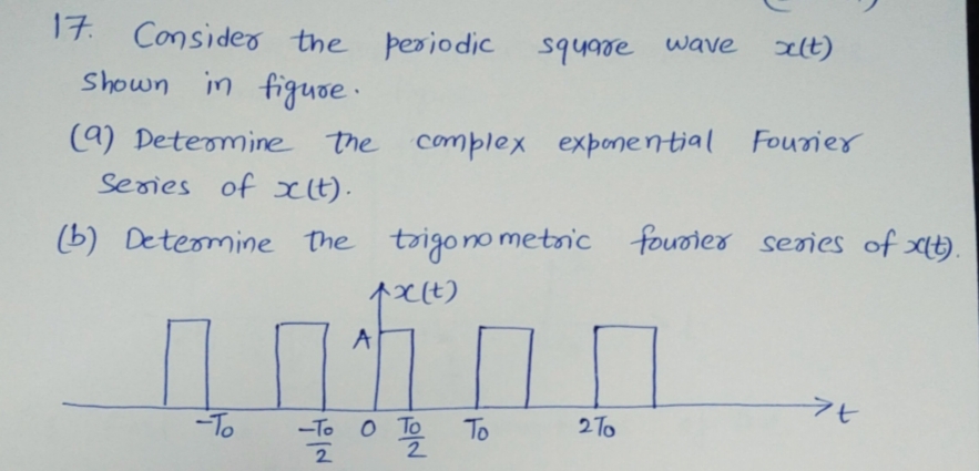 17. Consideo the periodic square wave
Shown in figuve.
alt)
(9) Deteomine the complex exponential Fourier
Series of xt).
(b) Deteomine the toigono metsic fouơier series of xt).
A
-To
O To
* To
2To
