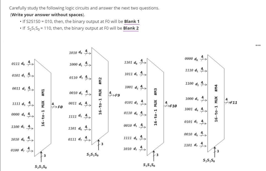 Carefully study the following logic circuits and answer the next two questions.
(Write your answer without spaces).
• If S2S1S0 = 010, then, the binary output at F0 will be Blank 1
• If S;S;So = 110, then, the binary output at FO will be Blank 2
...
4
1010 de
0000 d, 7→
0111 d, 4
4
1000 d, →
1101 de 7>
1110 d, 4
0101 d, 4
1011 d, 4
0110 d, 4
1100 d,
0011 d, 4
1001 d, 4
0010 d,
F9
1000 d,
1111 d, 4
4.
0011 d, 4
0101 dz
>¥11
>F10
1001 da
0110 d, 4,
0000 d, 4
1111 ds 4
0101 d, 4.
1100 ds 4.
4
1101 de
0010 ds 4.
0010 d 7→
1111 de 7→
1010 d. 4.
0111 d, 9
4
1101 d,
ナラ
0100 d, 4.
1010 d,
3
16-to-1 MUX #M1
16-to-1 MUX
#M2
16-to-1 MUX #M3
16-to-1 MUX
#M4
