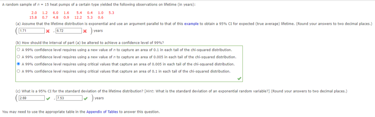 A random sample of n = 15 heat pumps of a certain type yielded the following observations on lifetime (in years):
1.2 6.0 1.6 5.4 0.4 1.0 5.3
2.0
15.8 0.7
4.8 0.9 12.2 5.3 0.6
(a) Assume that the lifetime distribution is exponential and use an argument parallel to that of this example to obtain a 95% CI for expected (true average) lifetime. (Round your answers to two decimal places.)
1.71
x
6.72
x
years
(b) How should the interval of part (a) be altered to achieve a confidence level of 99%?
O A 99% confidence level requires using a new value of n to capture an area of 0.1 in each tail of the chi-squared distribution.
O A 99% confidence level requires using a new value of n to capture an area of 0.005 in each tail of the chi-squared distribution.
A 99% confidence level requires using critical values that capture an area of 0.005 in each tail of the chi-squared distribution.
O A 99% confidence level requires using critical values that capture an area of 0.1 in each tail of the chi-squared distribution.
(c) What is a 95% CI for the standard deviation of the lifetime distribution? [Hint: What is the standard deviation of an exponential random variable?] (Round your answers to two decimal places.)
2.69
7.53
✓ years
You may need to use the appropriate table in the Appendix of Tables to answer this question.