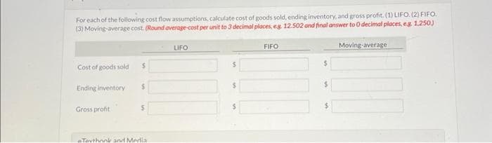 For each of the following cost flow assumptions, calculate cost of goods sold, ending inventory, and gross profit. (1) LIFO. (2) FIFO.
(3) Moving-average cost. (Round average-cost per unit to 3 decimal places, eg. 12.502 and final answer to 0 decimal places, e.g. 1.250.)
Cost of goods sold
Ending inventory
Gross profit
$
$
$
Texthook and Merlia
LIFO
$
$
$
FIFO
Moving average