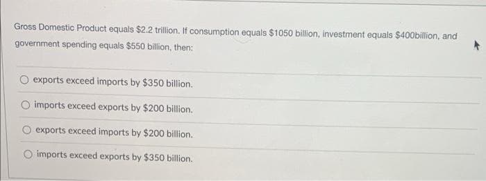 Gross Domestic Product equals $2.2 trillion. If consumption equals $1050 billion, investment equals $400billion, and
government spending equals $550 billion, then:
exports exceed imports by $350 billion.
imports exceed exports by $200 billion.
exports exceed imports by $200 billion.
O imports exceed exports by $350 billion.