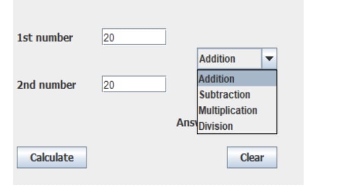 1st number
2nd number
Calculate
20
20
Addition
Addition
Subtraction
Multiplication
Ans Division
Clear