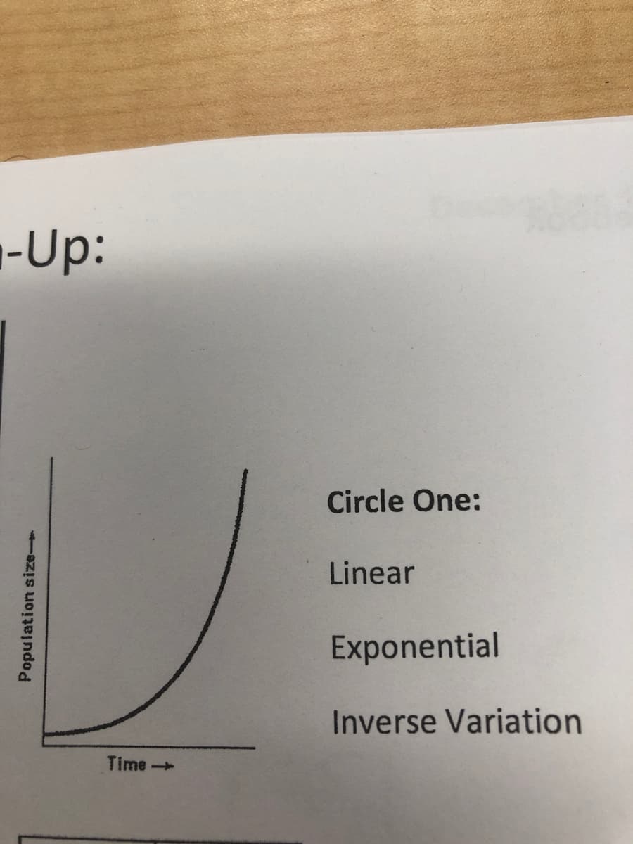 -Up:
Circle One:
Linear
Exponential
Inverse Variation
Time-
Population size
