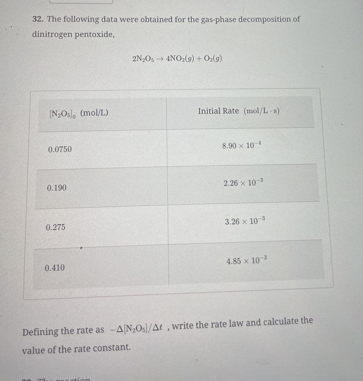 32. The following data were obtained for the gas-phase decomposition of
dinitrogen pentoxide,
[N2O5]0 (mol/L)
0.0750
2N2O5 4NO2(g) + O2(g)
Initial Rate (mol/L. s)
8.90 × 10-4
0.190
2.26 x 10-3
0.275
3.26 x 10-3
0.410
4.85 x 10-3
Defining the rate as -A[N205]/At, write the rate law and calculate the
value of the rate constant.