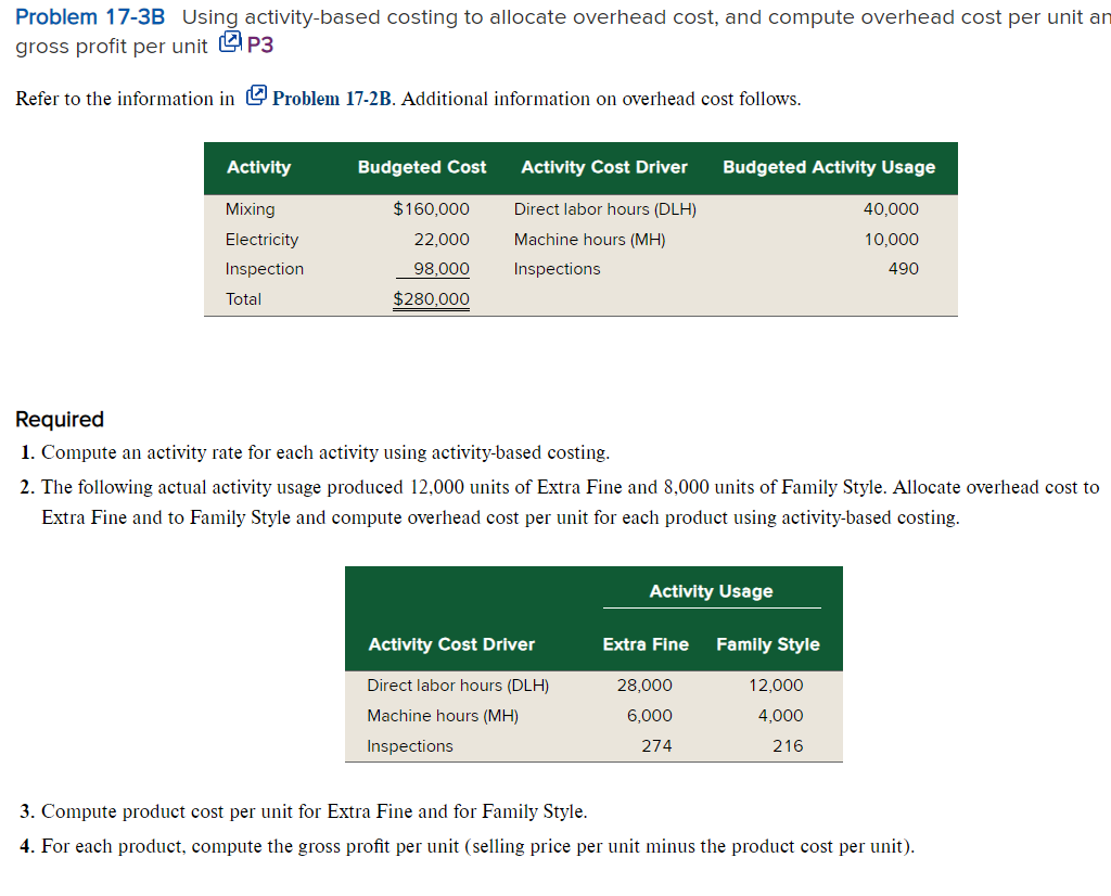 Problem 17-3B Using activity-based costing to allocate overhead cost, and compute overhead cost per unit an
gross profit per unit P3
Refer to the information in Problem 17-2B. Additional information on overhead cost follows.
Activity
Mixing
Electricity
Inspection
Total
Budgeted Cost
$160,000
22,000
98,000
$280,000
Activity Cost Driver
Direct labor hours (DLH)
Machine hours (MH)
Inspections
Activity Cost Driver
Direct labor hours (DLH)
Machine hours (MH)
Inspections
Required
1. Compute an activity rate for each activity using activity-based costing.
2. The following actual activity usage produced 12,000 units of Extra Fine and 8,000 units of Family Style. Allocate overhead cost to
Extra Fine and to Family Style and compute overhead cost per unit for each product using activity-based costing.
Budgeted Activity Usage
Activity Usage
Extra Fine
28,000
6,000
274
Family Style
40,000
10,000
490
12,000
4,000
216
3. Compute product cost per unit for Extra Fine and for Family Style.
4. For each product, compute the gross profit per unit (selling price per unit minus the product cost per unit).