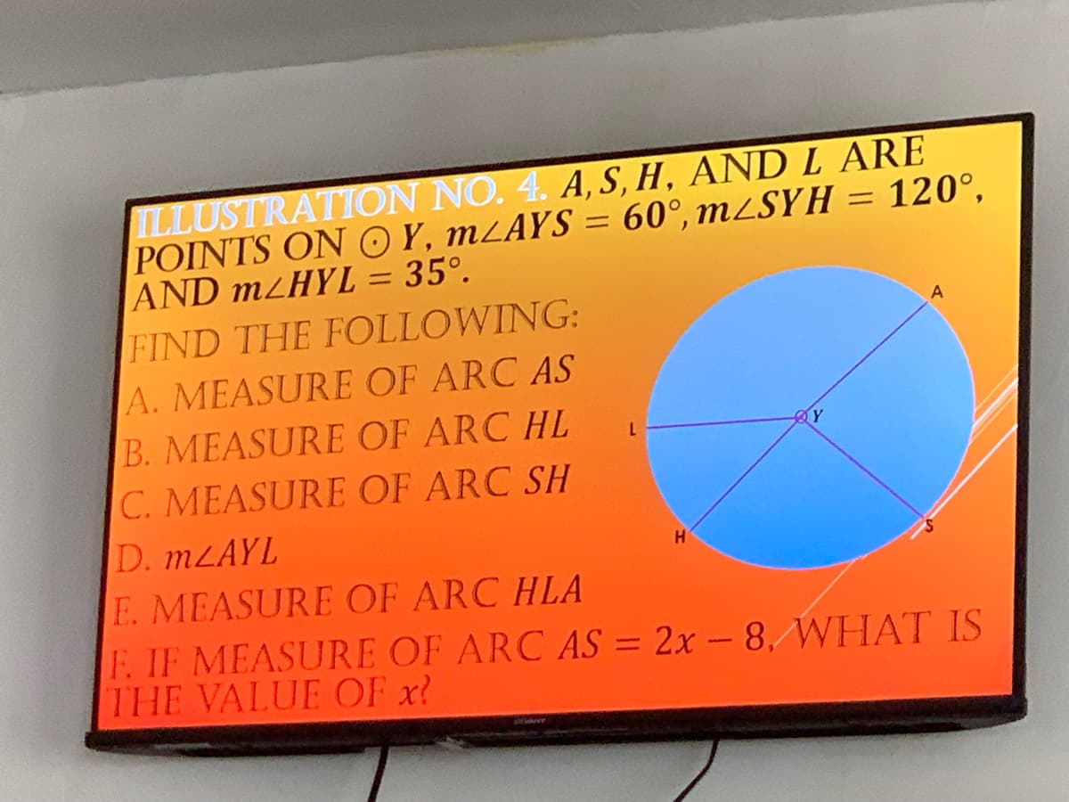 ILLUSTRATION NO. 4. A, S, H, AND L ARE
POINTS ON OY, mLAYS= 60°, m/SYH = 120°,
AND m/HYL = 35°.
FIND THE FOLLOWING:
A. MEASURE OF ARC AS
B. MEASURE OF ARC HL
C. MEASURE OF ARC SH
D. mLAYL
E. MEASURE OF ARC HLA
F. IF MEASURE OF ARC AS = 2x - 8,/WHAT IS
THE VALUE OF x?
H
A
Y