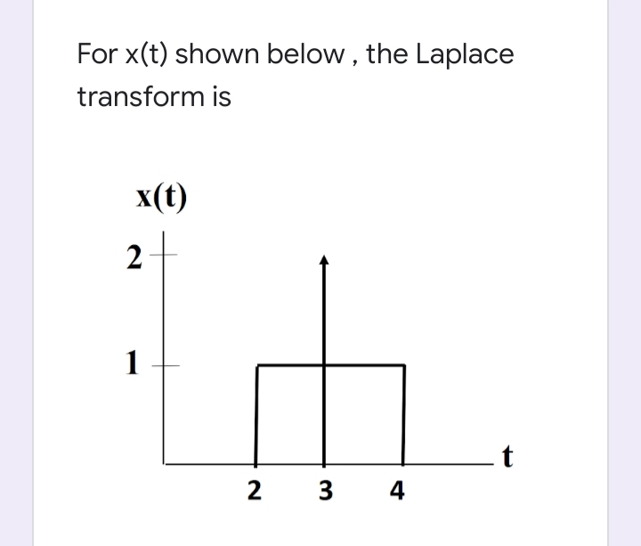 For x(t) shown below , the Laplace
transform is
x(t)
2-
1
2
3
4
