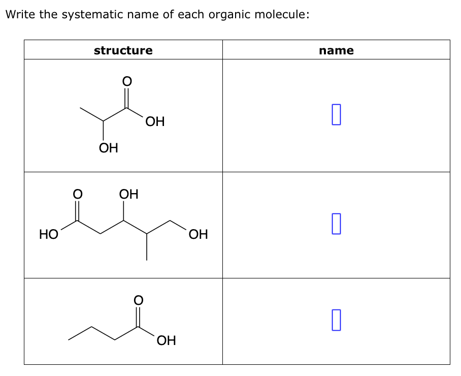 Write the systematic name of each organic molecule:
HO
structure
OH
OH
о
name
OH
☐
OH
☐
OH
0