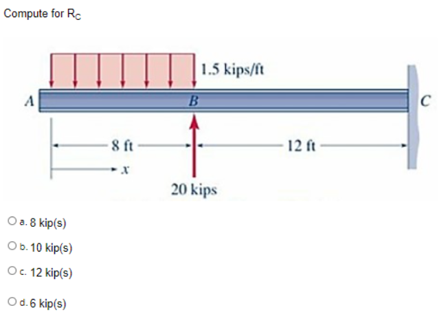 Compute for Rc
1.5 kips/ft
A
B
8 ft
12 ft
20 kips
O a. 8 kip(s)
Ob. 10 kip(s)
Oc. 12 kip(s)
O d. 6 kip(s)
