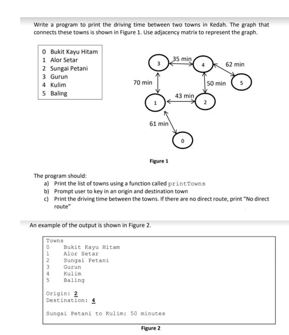 Write a program to print the driving time between two towns in Kedah. The graph that
connects these towns is shown in Figure 1. Use adjacency matrix to represent the graph.
O Bukit Kayu Hitam
1 Alor Setar
2 Sungai Petani
3 Gurun
4 Kulim
35 min
62 min
70 min
50 min
5 Baling
43 min
2
61 min
Figure 1
The program should:
a) Print the list of towns using a function called printTowns
b) Prompt user to key in an origin and destination town
c) Print the driving time between the towns. If there are no direct route, print "No direct
route"
An example of the output is shown in Figure 2.
Towns
1
Bukit Kayu Hitam
Alor Setar
2
Sungai Petani
Gurun
4
Kulim
5
Baling
Origin: 2
Destination: 4
Sungai Petani to Kulim: 50 minutes
Figure 2
