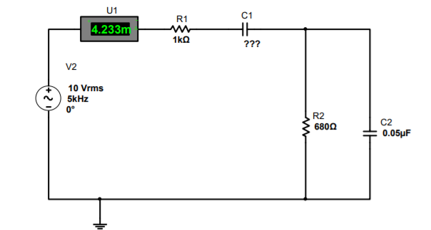 U1
C1
R1
4.233m
HH
1kQ
???
V2
10 Vrms
5kHz
0°
R2
C2
0.05µF
6800
