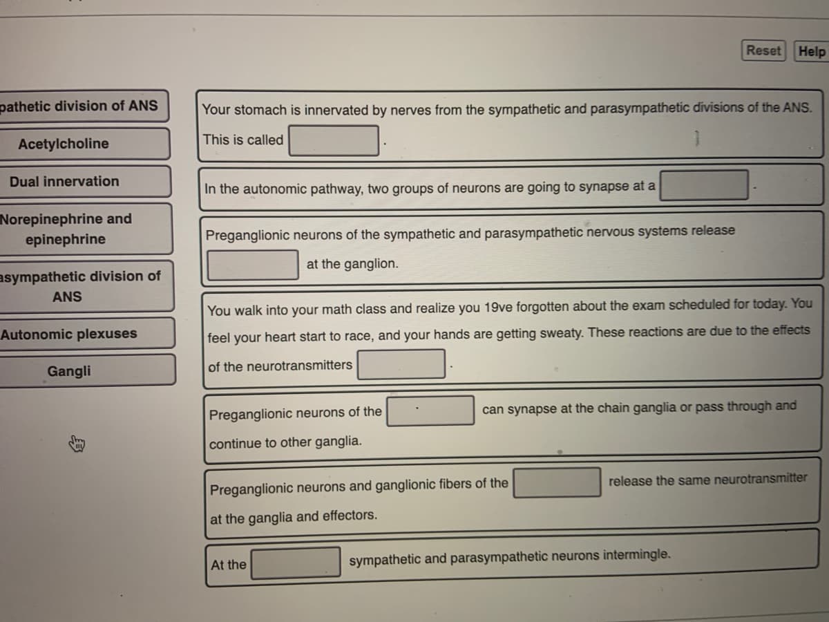 Reset
Help
pathetic division of ANS
Your stomach is innervated by nerves from the sympathetic and parasympathetic divisions of the ANS.
This is called
Acetylcholine
Dual innervation
In the autonomic pathway, two groups of neurons are going to synapse at a
Norepinephrine and
epinephrine
Preganglionic neurons of the sympathetic and parasympathetic nervous systems release
at the ganglion.
asympathetic division of
ANS
You walk into your math class and realize you 19ve forgotten about the exam scheduled for today. You
Autonomic plexuses
feel your heart start to race, and your hands are getting sweaty. These reactions are due to the effects
of the neurotransmitters
Gangli
Preganglionic neurons of the
can synapse at the chain ganglia or pass through and
continue to other ganglia.
release the same neurotransmitter
Preganglionic neurons and ganglionic fibers of the
at the ganglia and effectors.
At the
sympathetic and parasympathetic neurons intermingle.
