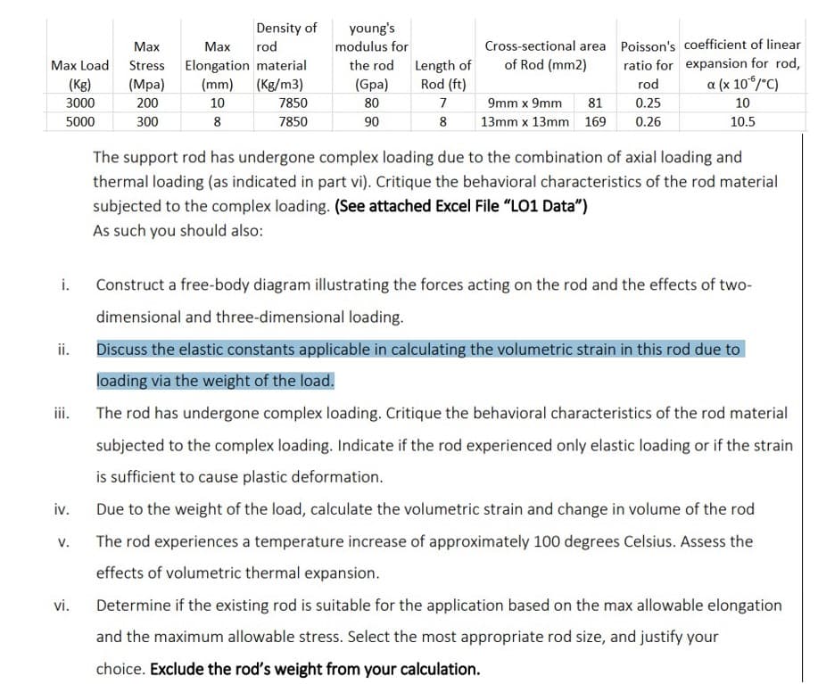 Max Load
(Kg)
3000
5000
i.
ii.
iv.
V.
Max
Stress
(Mpa)
200
300
vi.
Density of
rod
Max
Elongation material
(mm) (Kg/m3)
10
8
7850
7850
young's
modulus for
the rod
(Gpa)
80
90
Cross-sectional area
of Rod (mm2)
Poisson's coefficient of linear
ratio for expansion for rod,
rod a (x 10°/°C)
7
0.25
9mm x 9mm
81
8 13mm x 13mm 169 0.26
Length of
Rod (ft)
Discuss the elastic constants applicable in calculating the volumetric strain in this rod due to
loading via the weight of the load.
iii. The rod has undergone complex loading. Critique the behavioral characteristics of the rod material
subjected to the complex loading. Indicate if the rod experienced only elastic loading or if the strain
is sufficient to cause plastic deformation.
Due to the weight of the load, calculate the volumetric strain and change in volume of the rod
The rod experiences a temperature increase of approximately 100 degrees Celsius. Assess the
effects of volumetric thermal expansion.
Determine if the existing rod is suitable for the application based on the max allowable elongation
and the maximum allowable stress. Select the most appropriate rod size, and justify your
choice. Exclude the rod's weight from your calculation.
10
10.5
The support rod has undergone complex loading due to the combination of axial loading and
thermal loading (as indicated in part vi). Critique the behavioral characteristics of the rod material
subjected to the complex loading. (See attached Excel File "LO1 Data")
As such you should also:
Construct a free-body diagram illustrating the forces acting on the rod and the effects of two-
dimensional and three-dimensional loading.