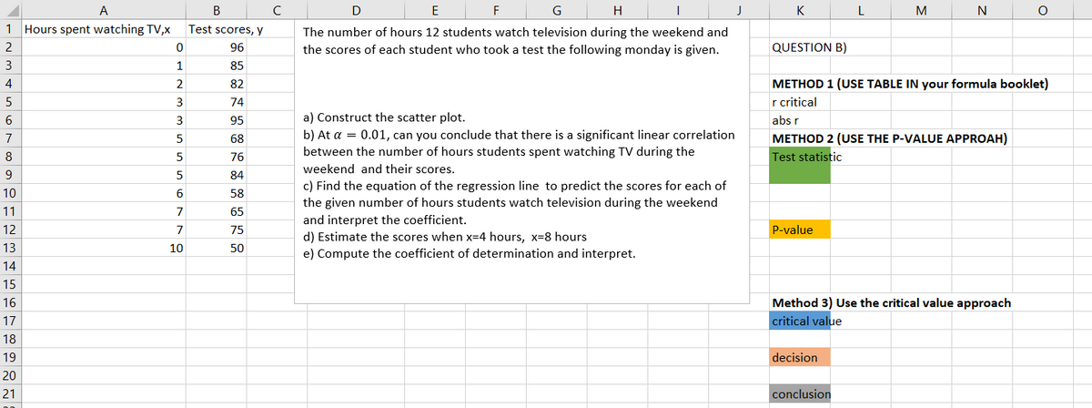 A
В
D
E
F
G
H
K
L
M
N
1 Hours spent watching TV,x
Test scores, y
The number of hours 12 students watch television during the weekend and
96
the scores of each student who took a test the following monday is given.
QUESTION B)
3
1
85
4
METHOD 1 (USE TABLE IN your formula booklet)
r critical
2
82
74
6
95
a) Construct the scatter plot.
abs r
b) At a = 0.01, can you conclude that there is a significant linear correlation
between the number of hours students spent watching TV during the
7
5
68
METHOD 2 (USE THE P-VALUE APPROAH)
8
5
76
Test statistic
weekend and their scores.
9
5
84
c) Find the equation of the regression line to predict the scores for each of
10
6
58
the given number of hours students watch television during the weekend
11
7
65
and interpret the coefficient.
12
75
P-value
d) Estimate the scores when x=4 hours, x=8 hours
e) Compute the coefficient of determination and interpret.
13
10
50
14
15
16
Method 3) Use the critical value approach
17
critical value
18
19
decision
20
21
conclusion
