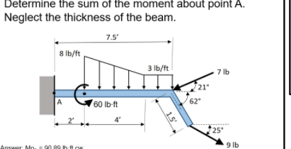 Determine the sum of the moment about point A.
Neglect the thickness of the beam.
7.5
'
8 Ib/ft
3 Ib/ft
7 lb
A
60 lb-ft
62
2'
4'
25
9 lb
Answer Mo, 9
1.5
