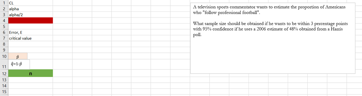 1 CL
2 alpha
3 alpha/2
A television sports commentator wants to estimate the proportion of Americans
who "follow professional football".
4
What sample size should be obtained if he wants to be within 3 percentage points
with 95% confidence if he uses a 2006 estimate of 48% obtained from a Harris
6 Error, E
7 critical value
poll.
8
9
10
q=1-p
11
12
n
13
14
15
