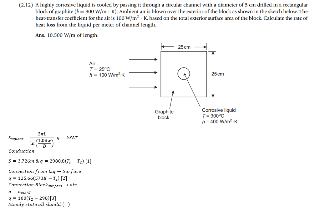 (2.12) A highly corrosive liquid is cooled by passing it through a circular channel with a diameter of 5 cm drilled in a rectangular
block of graphite (k = 800 W/mK). Ambient air is blown over the exterior of the block as shown in the sketch below. The
heat-transfer coefficient for the air is 100 W/m² K, based on the total exterior surface area of the block. Calculate the rate of
heat loss from the liquid per meter of channel length.
Ans. 10,500 W/m of length.
Ssquare=
2πL
In (1.08w)
q=kSAT
Air
T = 25°C
h = 100 W/m².K
Conduction
S = 3.726m & q = 2980.8(Ts T₂) [¹]
Convection from Liq→ Surface
q = 125.66(573K - Ts) [2]
Convection Blocksurface → air
q = h∞AAT
q = 100(T₂-298) [3]
Steady state all should (=)
Graphite
block
25 cm
25 cm
Corrosive liquid
T = 300°C
h = 400 W/m².K