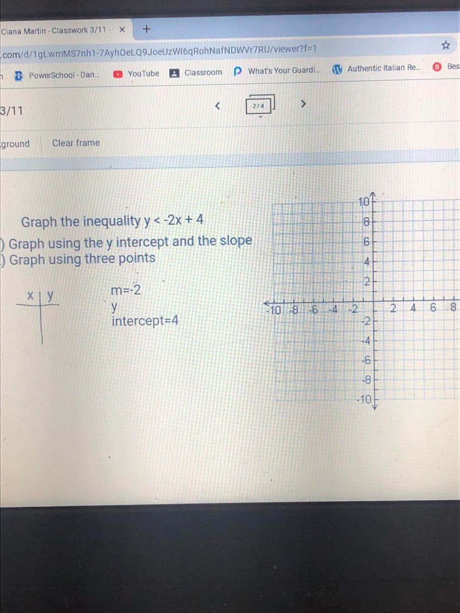 Ciana Martin -Classwork 3/11.
com/d/1gLwmMS7nh1-7AyhOeLQ9JoeUzW16qRohNafNDWVr7RU/viewer?f%31
P What's Your Guardi.
V Authentic Italian Re..
8 Bes
hB PowerSchool - Dan.
O YouTube
A Classroom
3/11
214
ground
Clear frame
10
Graph the inequality y < -2x + 4
8
) Graph using the y intercept and the slope
) Graph using three points
4
12
m=-2
10 -8 6
A -2
2.
4.
6.
8
intercept=4
-2
-4
-6
-8
-10
