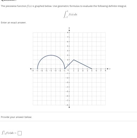 The piecewise function f(x) is graphed below. Use geometric formulas to evaluate the following definite integral.
L', foo de
Enter an exact answer.
Provide your answer below:
Lzf(x) dx =
-7 -6 -5
T
7
4
✔
4
3
7
4
d
44