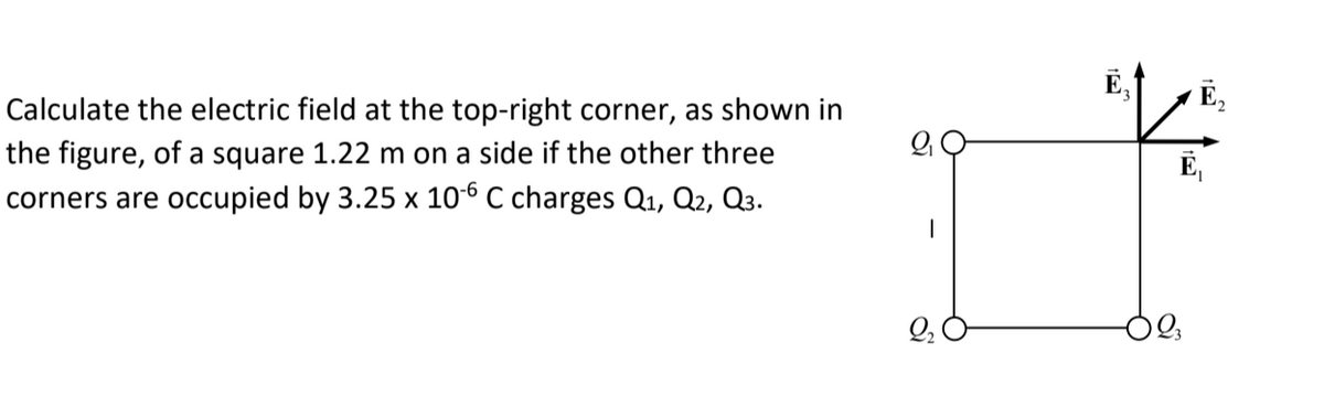 E,
Calculate the electric field at the top-right corner, as shown in
E2
the figure, of a square 1.22 m on a side if the other three
corners are occupied by 3.25 x 10-6 C charges Q1, Q2, Q3.
E,
